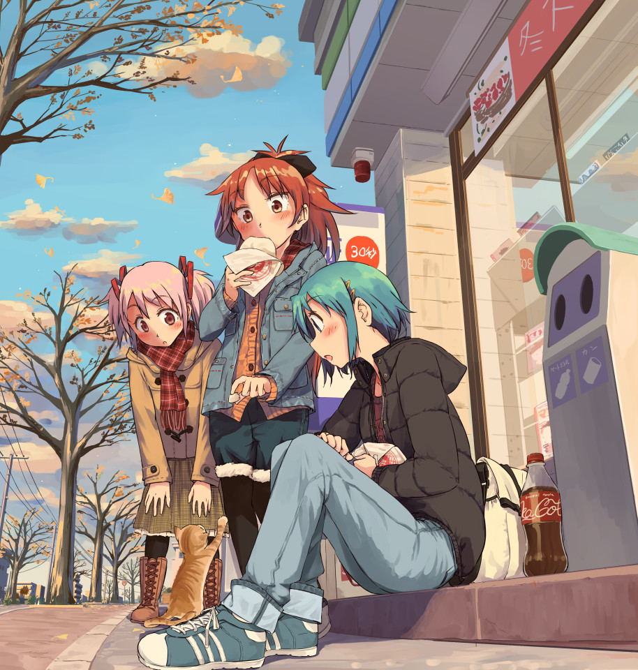 :o animal autumn_leaves bag bangs baozi black_bow black_coat black_legwear blue_eyes blue_footwear blue_hair blush boots bow brown_coat brown_eyes brown_footwear brown_skirt cardigan cat coat coca-cola commentary_request cover cover_page cross-laced_footwear denim doujin_cover eating falling_leaves familymart feeding food ginkgo hair_bow hair_ornament hair_ribbon hairclip hands_on_own_knees jeans kaname_madoka leaf leaning_forward long_hair long_sleeves mahou_shoujo_madoka_magica miki_sayaka multiple_girls napkin orange_cat pants pantyhose pink_hair plaid plaid_scarf ponytail power_lines recycle_bin red_eyes red_hair red_ribbon red_scarf ribbon ryuunosuke_(luckyneco) sakura_kyouko scarf shoes short_hair shoulder_bag sidewalk sitting skirt sneakers soda_bottle standing storefront textless tree twintails winter_clothes
