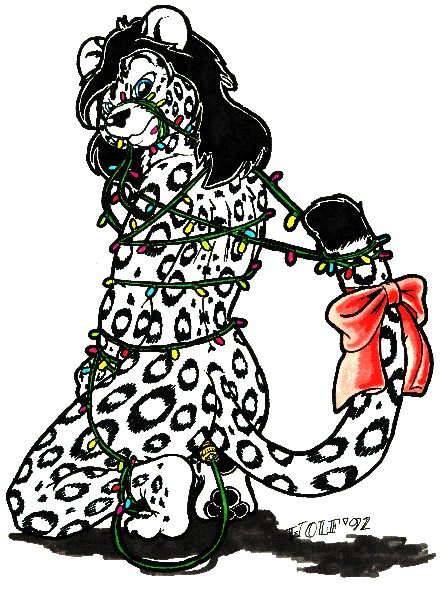 1992 anthro blue_eyes bound bow christmas christmas_lights feline female hair holidays invalid_tag kneeling leopard looking_at_viewer mammal nude sketch solo wolfkidd