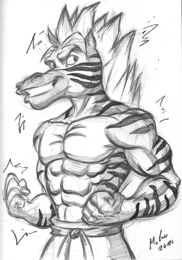 2012 5_fingers abs anthro biceps biped black_and_white canine clothed clothing front_view fur grin hair half-length_portrait male mammal mokuu monochrome muscular muscular_male pecs pencil_(artwork) portrait signature simple_background sixpack sketch smile snout solo standing striped_fur stripes stripes_(character) teeth topless traditional_media_(artwork) white_background wolf