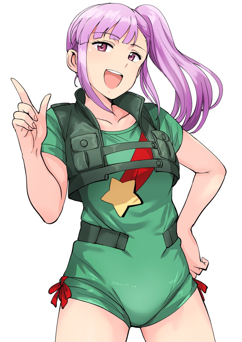 80s bangs blunt_bangs blunt_ends collarbone commentary eyebrows_visible_through_hair gundam gundam_zz hand_on_hip highres index_finger_raised leotard long_hair oldschool open_mouth ponytail purple_eyes purple_hair ribbon roux_louka side_ponytail simple_background smile solo tsurui vest white_background