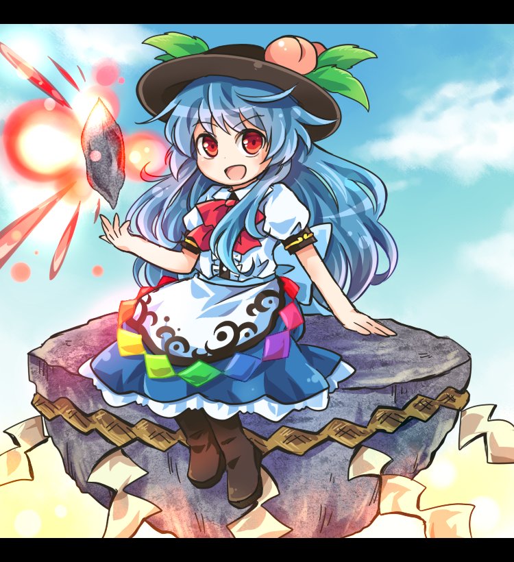:d black_hat blue_hair blue_skirt brown_footwear food frilled_skirt frills fruit hat hat_leaf hinanawi_tenshi keystone letterboxed long_hair looking_at_viewer open_mouth peach pote_(ptkan) puffy_short_sleeves puffy_sleeves red_eyes red_neckwear shirt short_sleeves skirt smile solo stone touhou v-shaped_eyebrows very_long_hair white_shirt