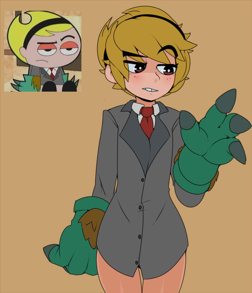 blonde_hair bottomless brown_eyes captain_kirb collared_shirt commentary dress_shirt gloves green_gloves grey_shirt hairband looking_down mandy multiple_views necktie raised_eyebrow red_neckwear sepia_background shirt short_hair simple_background the_grim_adventures_of_billy_&amp;_mandy thigh_gap thighs upper_body