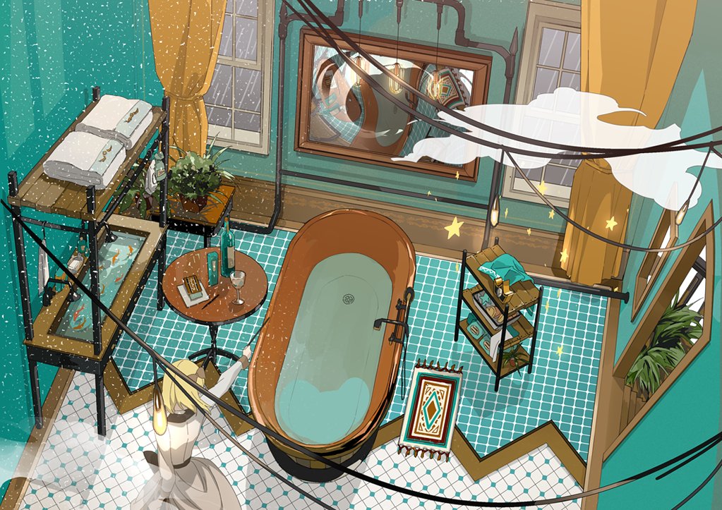 bathroom bathtub blonde_hair bottle bow brown_bow commentary_request cup curtains doorway dress drinking_glass fish from_above goldfish hair_bow holding holding_wand indoors long_sleeves lowe_(slow) mirror orange_curtains original outstretched_arm plant potted_plant round_table rug shelf short_hair solo stairs standing table tile_floor tiles wand water white_dress wine_bottle wine_glass