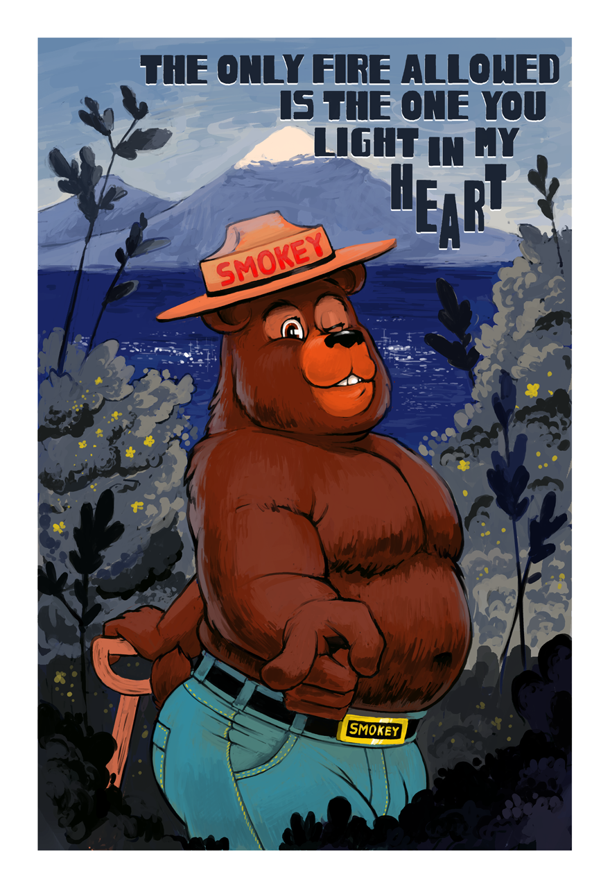 2017 5_fingers anthro bear belly bondagefanart brown_fur bulge clothed clothing detailed_background digital_media_(artwork) english_text forest fur hat holding_object holding_tool jeans looking_at_viewer male mammal mountain musclegut muscular muscular_male navel one_eye_closed outside overweight pants pecs seductive shovel sky slightly_chubby smile smokey_bear solo standing teasing text thick_thighs tight_clothing tight_pants topless tree wink