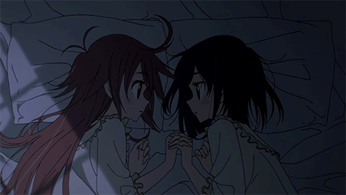 2girls animated animated_gif bed blue_hair blush canon eye_contact flip_flappers hand_holding happy interlocked_fingers kokomine_cocona long_hair lying multiple_girls official pajamas papika_(flip_flappers) red_hair short_hair smile yuri