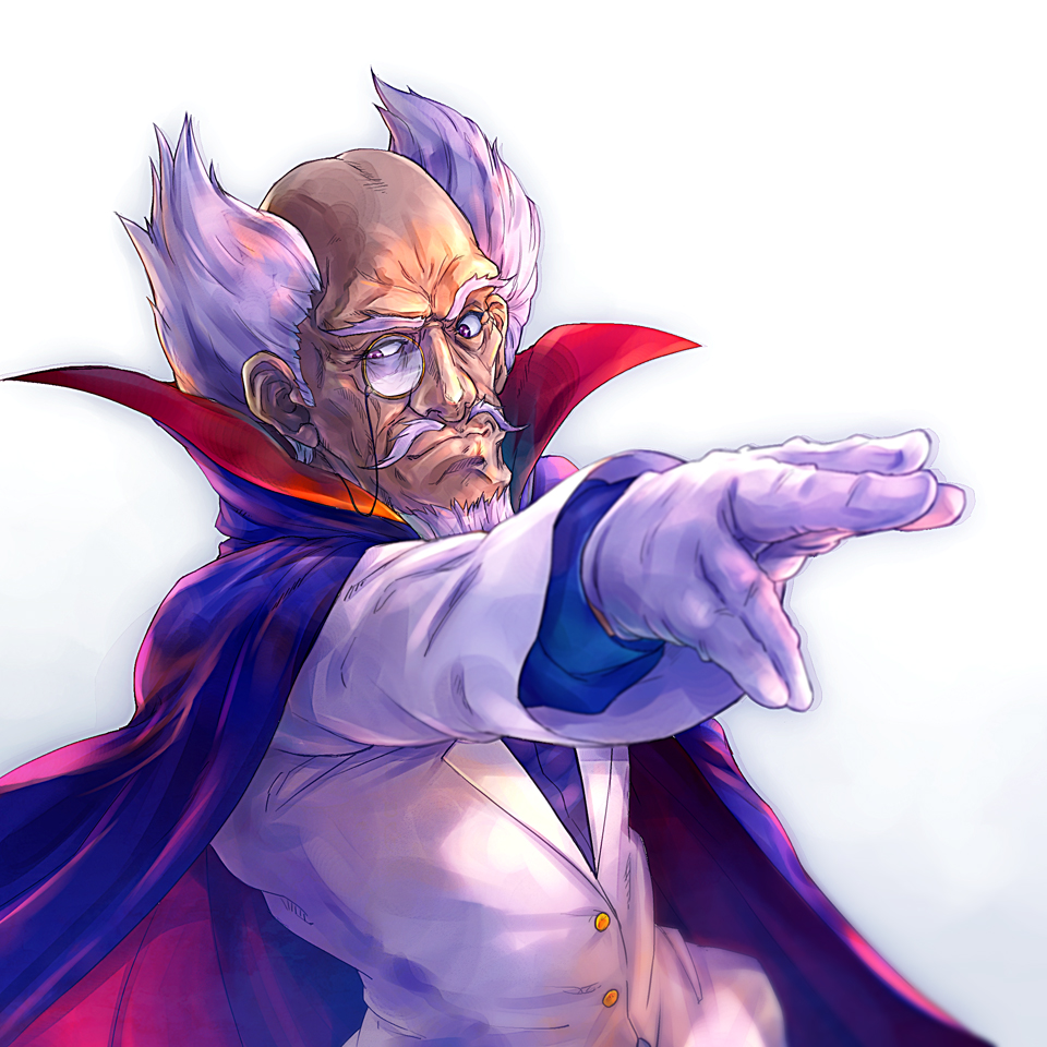 beard black_cape brown_eyes cape doctor_waruman facial_hair gloves male_focus monocle mustache old_man pointing pointing_at_viewer solo tamago_tomato twinbee white_gloves white_hair