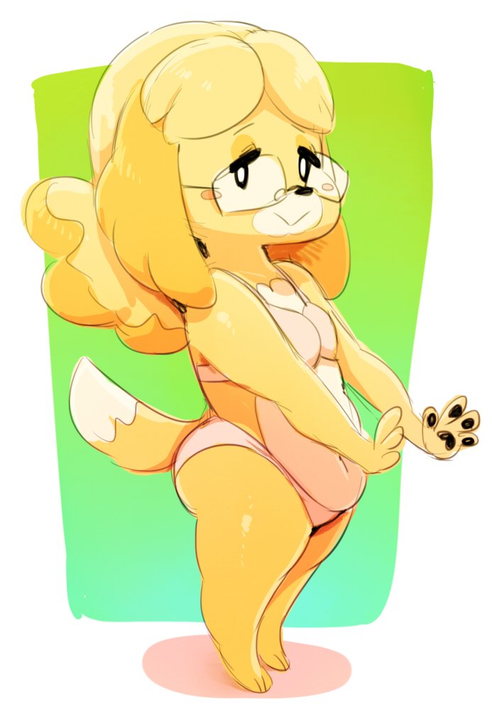 2018 animal_crossing anthro belly black_nose blush bra breasts canine clothing dipstick_tail dog eyewear female fur glasses green_background isabelle_(animal_crossing) looking_at_viewer mammal multicolored_fur multicolored_tail nintendo panties shih_tzu simple_background slightly_chubby small_breasts smile solo standing sunibee two_tone_fur underwear video_games yellow_fur