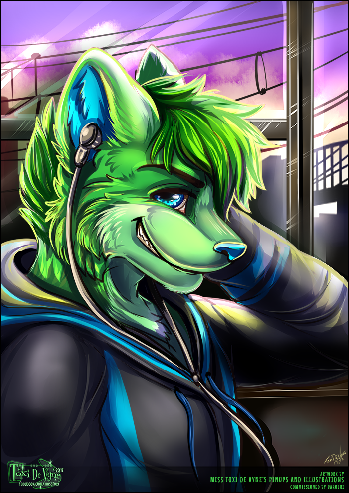 afternoon baroshi canine cheeky_grin city_scape clothing harbor_city_fur_con hcfc headphones hoodie invalid_color ipod looking_at_viewer male mammal music portrait railway smile smirk sunset toxi(artist) toxi_de_vyne(artist) train vehicle wolf
