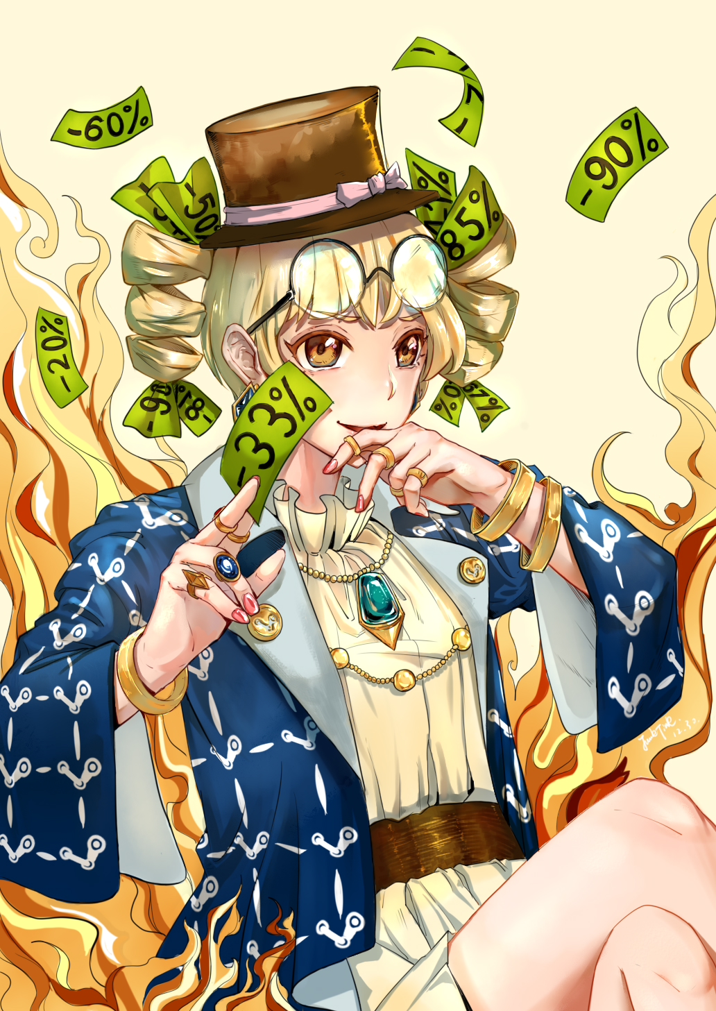 adapted_costume antinomy_of_common_flowers blonde_hair bow chain chinese_commentary commentary crossed_legs drill_hair earrings eyewear_on_head fire gem gold gold_chain hat hat_bow hat_ribbon highres holding jewelry junktinr necklace ojou-sama_pose open_clothes open_mouth open_shirt over-rim_eyewear pendant pink_bow pink_ribbon ribbon ring semi-rimless_eyewear shirt smile solo steam_(platform) touhou twin_drills yellow_eyes yorigami_jo'on