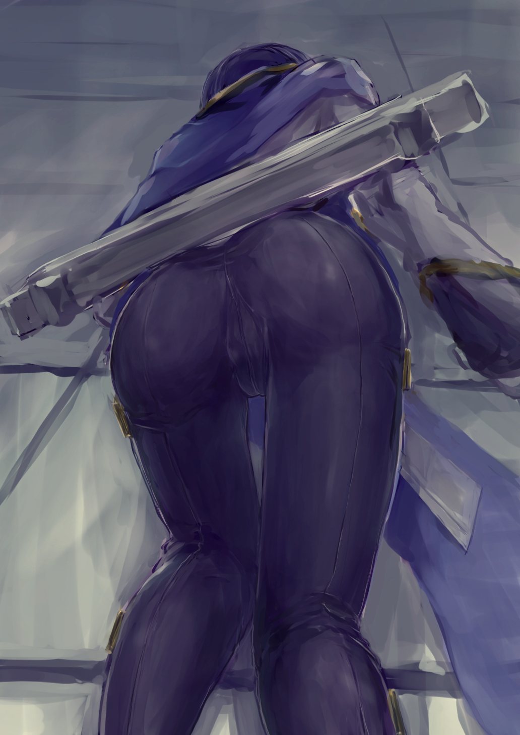 1boy arc_system_works artist_request ass black_hair black_pants blazblue blazblue:_central_fiction cape from_behind hibiki_kohaku huge_ass lying on_stomach pants short_hair solo tight_pants top-down_bottom-up