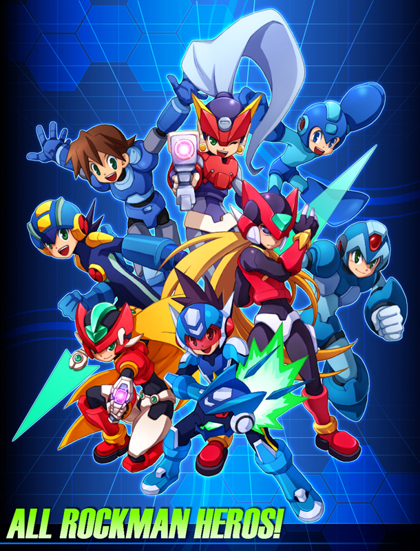 2girls 6+boys aile arm_cannon ashe ashe_(rockman) beam_saber blonde_hair blue_eyes boots brown_hair buster capcom fur_collar green_eyes helmet high_ponytail hoshikawa_subaru jumping laser_blade long_hair multiple_boys multiple_girls open_mouth outstretched_arm ponytail rock_volnutt rockman rockman_(classic) rockman_dash rockman_exe rockman_exe_(character) rockman_x rockman_zero rockman_zx rockman_zx_advent running ryuusei_no_rockman saber smile standing text vent visor weapon x_(rockman) zero_(rockman)