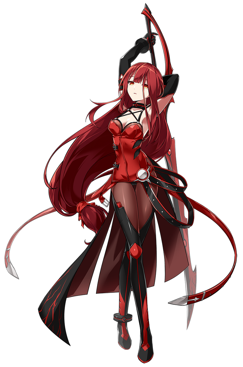 armpits bangs black_footwear black_gloves bodysuit boots breasts choker cleavage crimson_avenger_(elsword) crossed_legs elbow_gloves elesis_(elsword) elsword expressionless full_body gloves holding holding_sword holding_weapon long_hair looking_at_viewer low-tied_long_hair medium_breasts official_art pantyhose parted_bangs red_hair ress solo standing sword thigh_boots thighhighs transparent_background very_long_hair weapon yellow_eyes