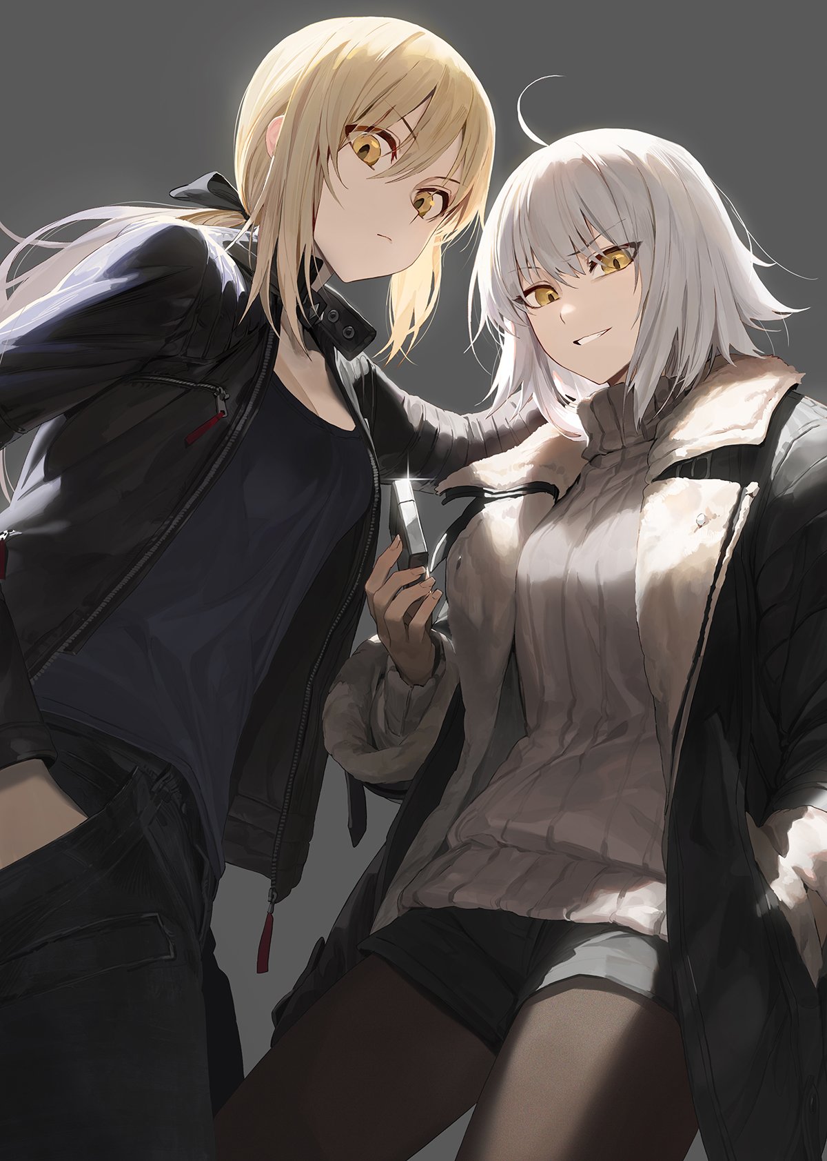 ahoge artoria_pendragon_(all) bangs black_jacket black_jeans black_ribbon black_shirt blonde_hair breasts cleavage closed_mouth commentary_request eyebrows_visible_through_hair fate/grand_order fate_(series) grey_background grin hair_bun highres jacket jeanne_d'arc_(alter)_(fate) jeanne_d'arc_(fate)_(all) jeanne_d'arc_(alter)_(fate) jeanne_d'arc_(fate)_(all) large_breasts lighter mossi pantyhose pullover ribbon saber_alter shirt shorts silver_hair smile tsurime yellow_eyes zippo_(object)