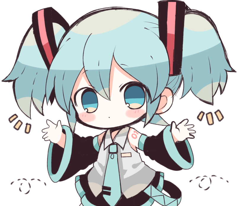 alternate_hair_length alternate_hairstyle bangs black_skirt blush_stickers closed_mouth collared_shirt detached_sleeves eyebrows_visible_through_hair green_eyes green_hair green_neckwear grey_shirt hair_between_eyes hands_up haru431 hatsune_miku long_sleeves looking_at_viewer necktie shirt short_hair simple_background skirt sleeveless sleeveless_shirt solo tie_clip twintails vocaloid white_background