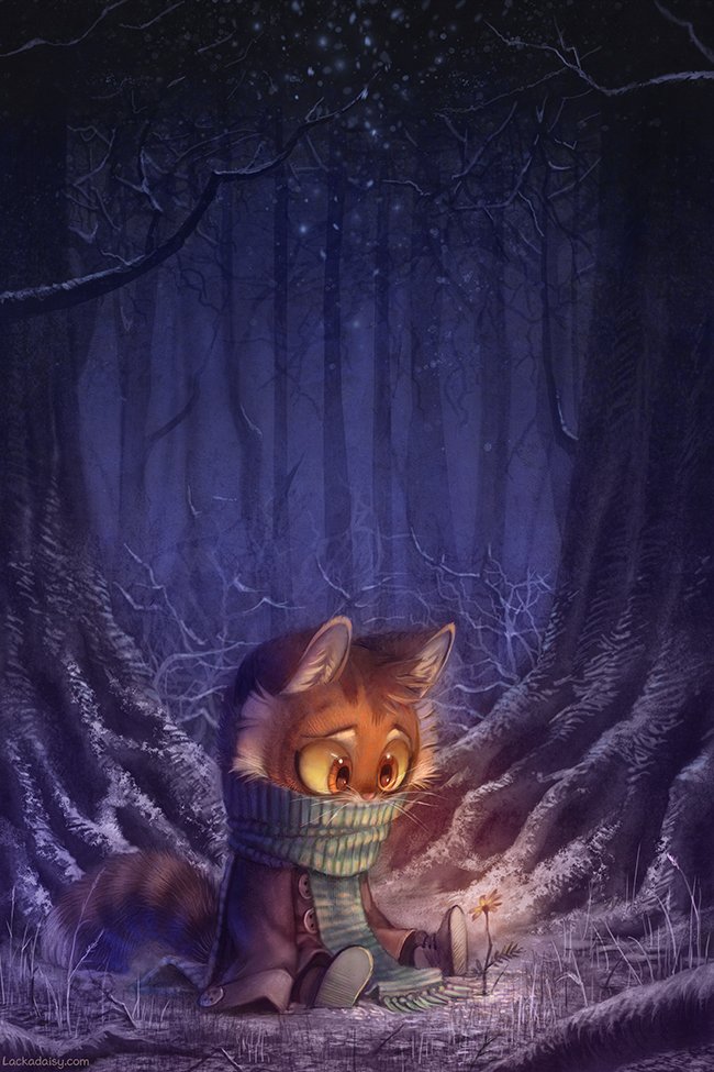 amazing_background anthro boots button_(fastener) cat clothed clothing coat cold dark_theme dead_tree detailed_background feline flower footwear forest freckle_mcmurray fully_clothed fur glowing grass holidays lackadaisy male mammal new_year orange_fur outside plant red_eyes roots sitting snow snowing solo tracy_j_butler tree yellow_sclera