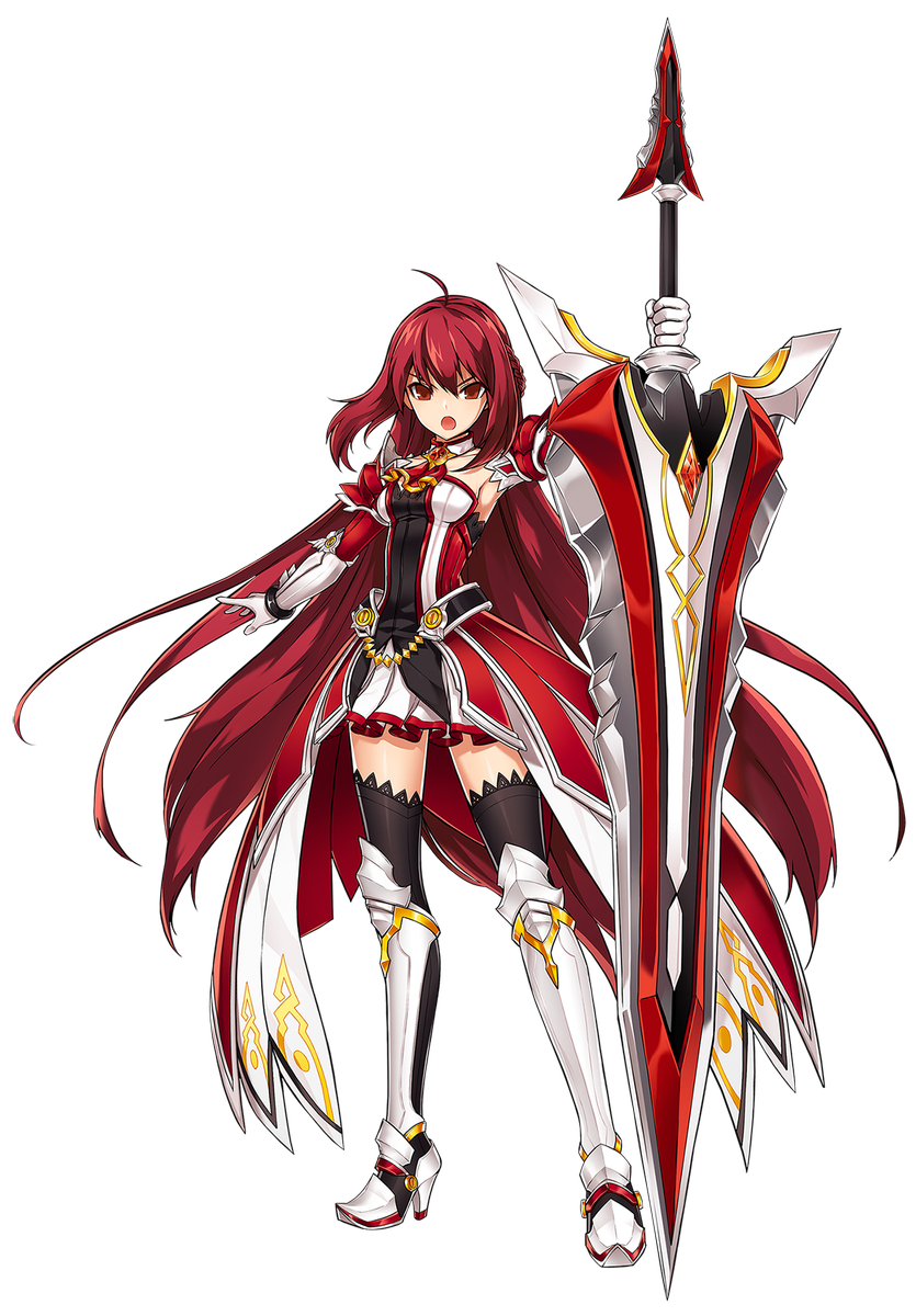 :o ahoge armor armored_dress armpits black_legwear boots braid elesis_(elsword) elsword full_body gloves grand_master_(elsword) highres holding holding_sword holding_weapon huge_weapon knee_boots long_hair looking_at_viewer metal_boots official_art open_mouth pleated_skirt red_eyes red_hair ress serious skirt solo standing sword thighhighs transparent_background tsurime very_long_hair weapon white_gloves white_skirt zettai_ryouiki