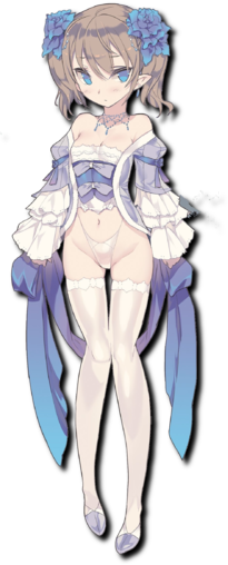 1girl blade_(galaxist) blue_eyes blush breasts brown_hair flower hair_flower hair_ornament panties petite pointy_ears ribbon-trimmed_clothes ribbon_trim short_twintails shy small_breasts solo thighhighs twintails underwear