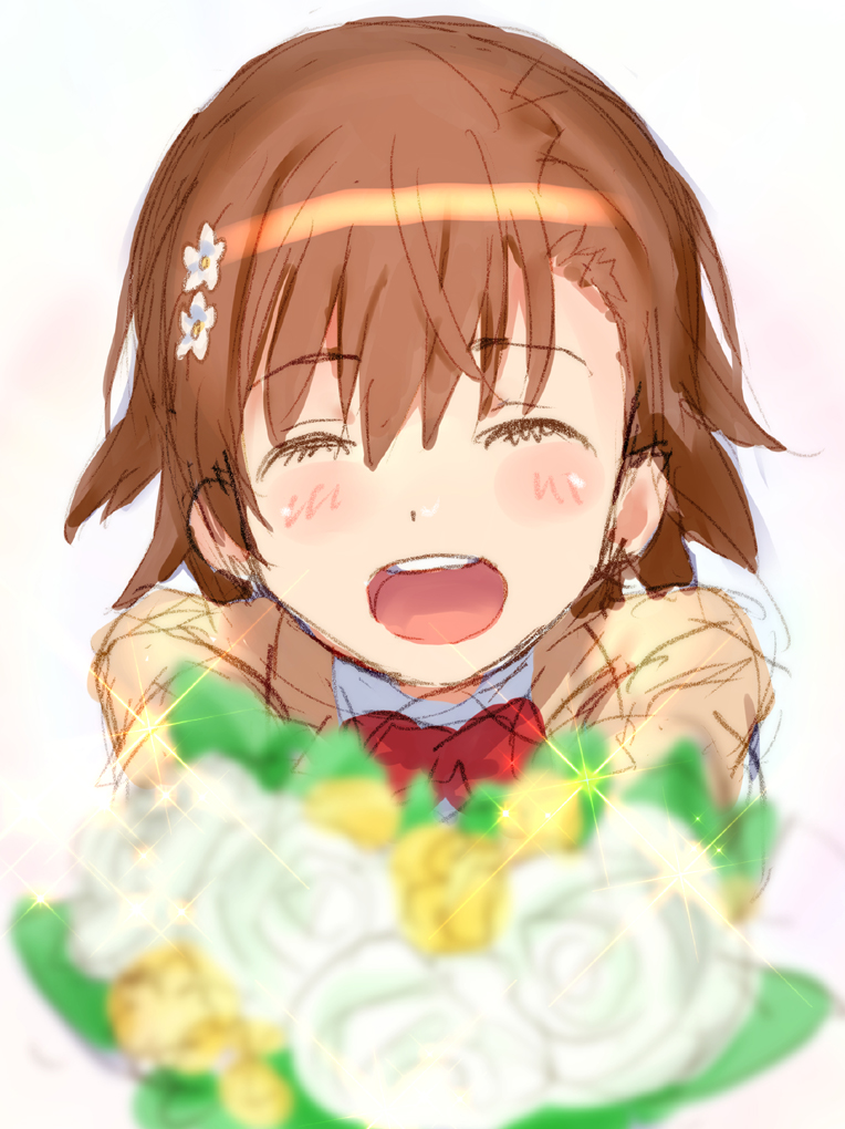 1girl :d ^_^ blazer blurry blurry_foreground blush bouquet bow brown_hair brown_jacket closed_eyes depth_of_field eyes_closed facing_viewer flower grey_background hair_flower hair_ornament jacket misaka_mikoto open_mouth raika9 red_bow rose school_uniform sketch smile solo sparkle to_aru_kagaku_no_railgun to_aru_majutsu_no_index upper_teeth white_flower white_rose yellow_flower yellow_rose