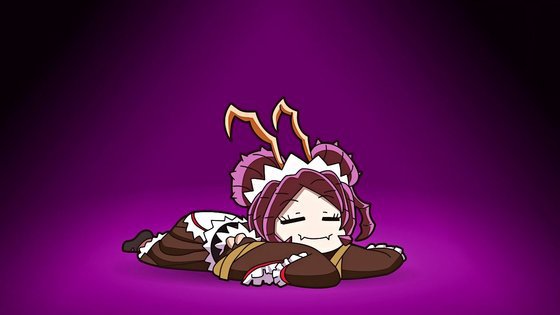 1girl antenna chibi entoma_vasilissa_zeta eyes_closed insect_girl kimono maid monster_girl on_ground overlord_(maruyama) purple_background purple_hair simple_background sleeping