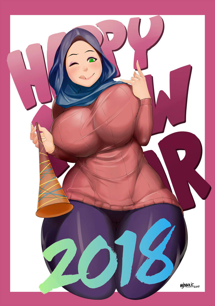 2018 ;q \m/ border breasts commentary curvy dark_skin eyebrows eyeliner eyeshadow forehead green_eyes happy_new_year hijab horn_(instrument) huge_breasts jpeg_artifacts lips looking_at_viewer makeup muslim new_year one_eye_closed original pantyhose ribbed_sweater solo sweater taut_clothes thick_thighs thighs tongue tongue_out unaligned_breasts vuvuzela zephyr_aile