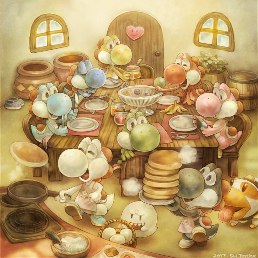 artist_name banana_peel barrel basket boo chair closed_eyes commentary cookie cooking door eating egg food fork fruit frying_pan ghost grapes handheld_game_console heart holding holding_fork holding_knife holding_pan holding_plate honey indoors jar knife long_tongue looking_at_another mario_(series) marmalade melon nintendo_switch no_humans open_mouth pancake plate playing_games poochy_(yoshi's_island) sharp_teeth sleeping smile sui_(petit_comet) super_mario_bros. super_mario_world_2:_yoshi's_island table teeth tongue tongue_out window wooden_chair wooden_door wooden_table yoshi