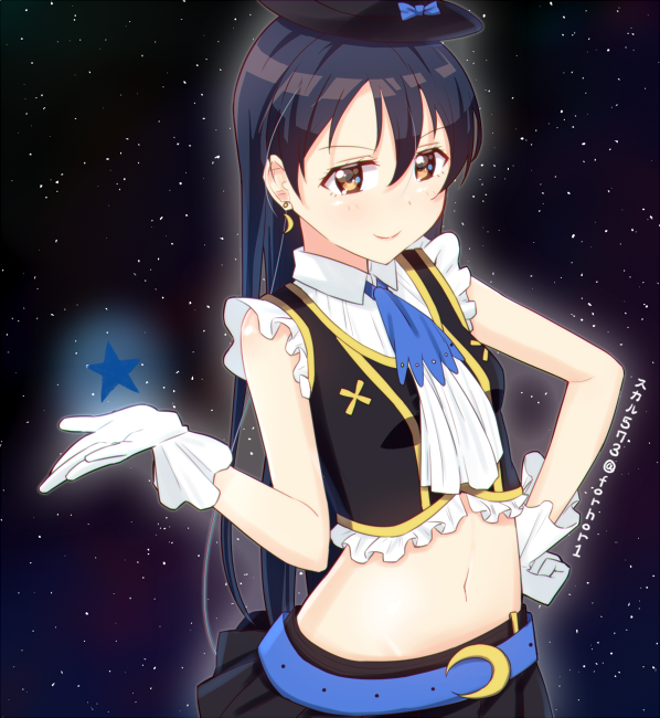 bangs blue_hair blush closed_mouth commentary_request earrings gloves hair_between_eyes hand_on_hip hat jewelry long_hair love_live! love_live!_school_idol_project midriff navel no_brand_girls ribbon skirt skull573 sleeveless smile solo sonoda_umi star starry_background white_gloves