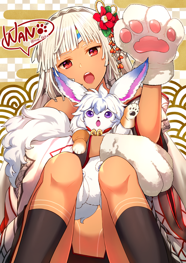 altera_(fate) black_legwear fate/grand_order fate_(series) fou_(fate/grand_order) kneehighs looking_at_viewer niu_illuminator open_mouth paws red_eyes sitting tattoo teeth veil white_hair