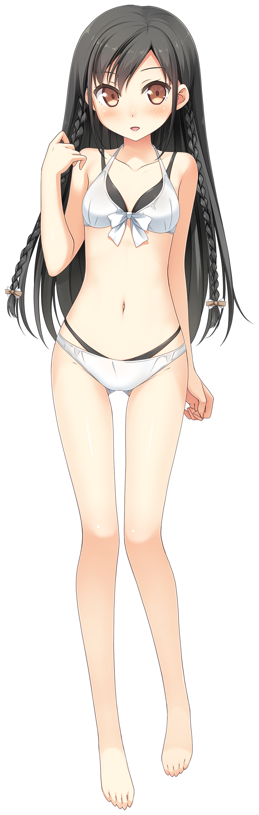 absurdres ass_visible_through_thighs bangs bare_legs bare_shoulders barefoot bikini black_hair blush bow braid breasts brown_eyes collarbone eyebrows_visible_through_hair front-tie_bikini front-tie_top full_body hair_bow highres kantoku koi_suru_kanojo_no_bukiyou_na_butai layered_bikini long_hair looking_at_viewer nanase_sena navel open_mouth small_breasts smile solo standing swimsuit transparent_background