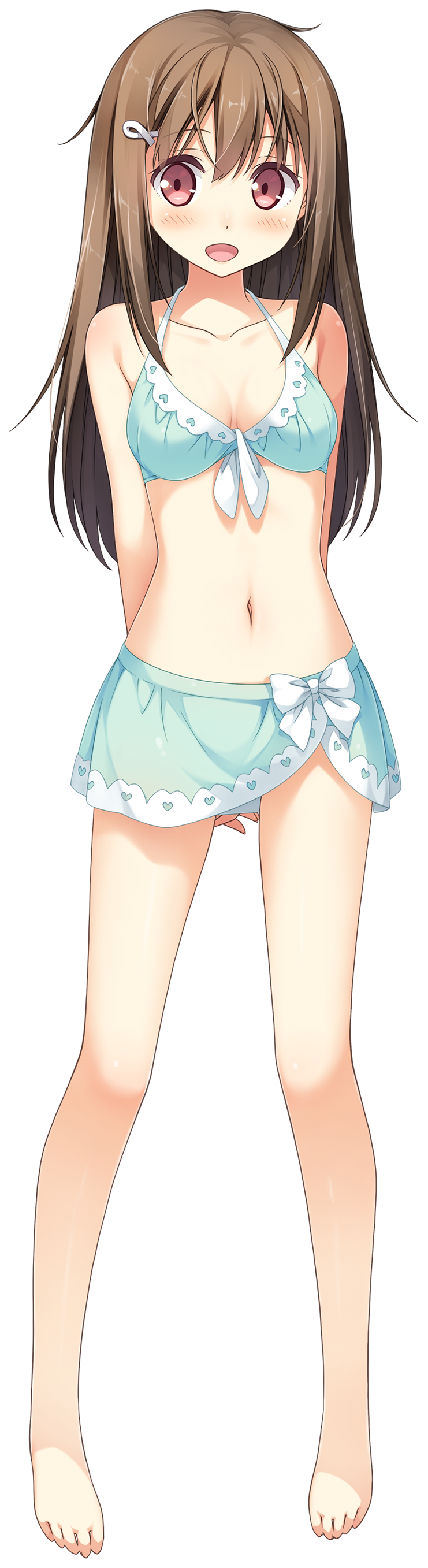 absurdres arms_behind_back bangs bare_legs bare_shoulders barefoot bikini bikini_skirt blush breasts collarbone eyebrows_visible_through_hair full_body green_bikini hair_ornament hairclip highres kantoku koi_suru_kanojo_no_bukiyou_na_butai long_hair navel open_mouth small_breasts solo standing swimsuit togawa_mayuu transparent_background