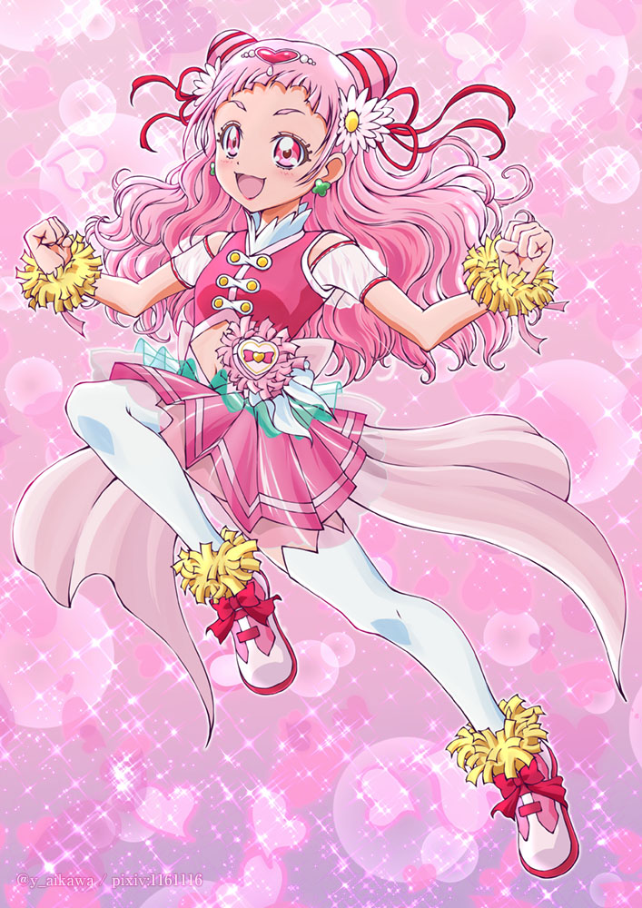 :d aikawa_yousuke back_bow bow clenched_hand cure_yell double_bun earrings flower full_body hair_flower hair_ornament hair_ribbon heart hugtto!_precure jewelry layered_skirt light_particles long_hair looking_at_viewer navel nono_hana open_mouth pink pink_background pink_bow pink_eyes pink_footwear pink_hair pink_shirt pink_skirt pleated_skirt precure red_ribbon ribbon shirt shoes skirt sleeveless sleeveless_shirt smile solo sparkle thighhighs twitter_username white_legwear wrist_cuffs zettai_ryouiki