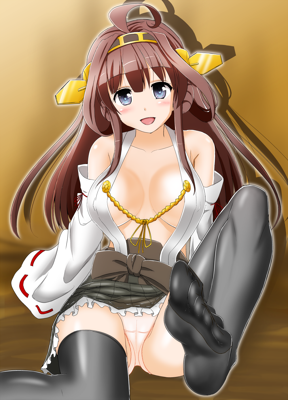 1girl ahoge bare_shoulders black_legwear blue_eyes blush breasts brown_hair erect_nipples feet hair_ornament hairband kantai_collection kongou_(kantai_collection) large_breasts long_hair looking_at_viewer no_shoes one_leg_raised open_mouth pantyshot pov pov_feet sitting smile soles solo