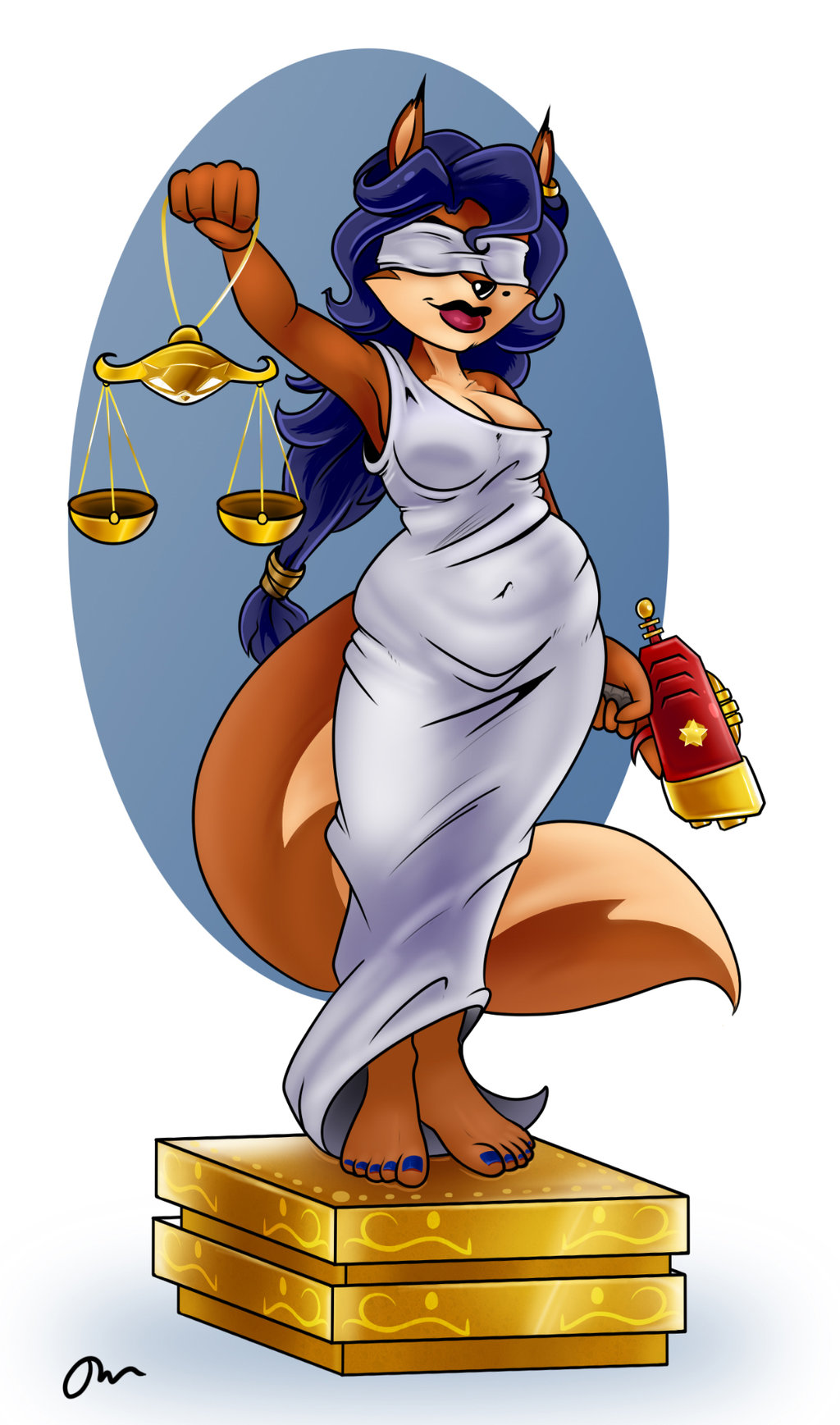 2017 anthro blindfold blue_hair breasts canine carmelita_fox clothing colored_nails danny-jay female fox fur hair hi_res mammal navel piercing slightly_chubby sly_cooper_(series) solo video_games