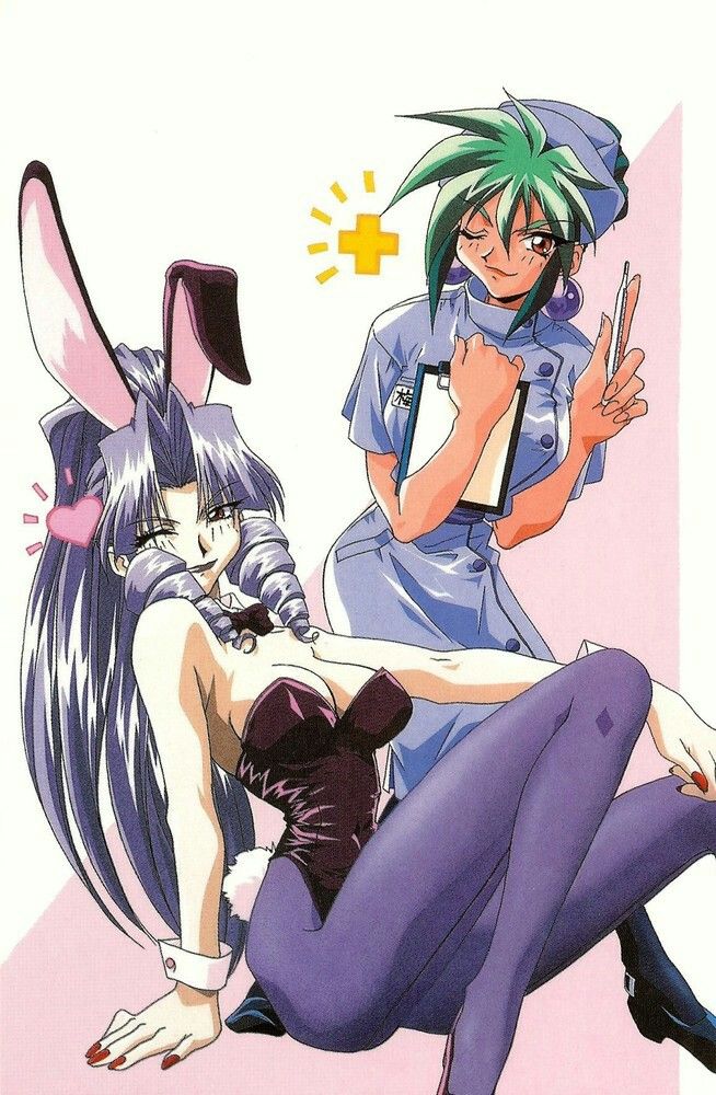 2girls 90s animal_ears ass baiko bangs bare_shoulders black_leotard breast_press breasts bunny_ears bunny_girl bunny_outfit bunny_tail bunnysuit cleavage curvy detached_collar drill_hair earrings eyebrows_visible_through_hair fake_animal_ears female green_hair happy headband high_ponytail large_breasts leotard long_hair looking_at_viewer makeup multiple_girls nurse pantyhose ponytail saber_marionette_j scan shiny shiny_hair shiny_skin silver_hair simple_background sitting smile solo tail tamasaburou_(saber_j) thighhighs very_long_hair wink