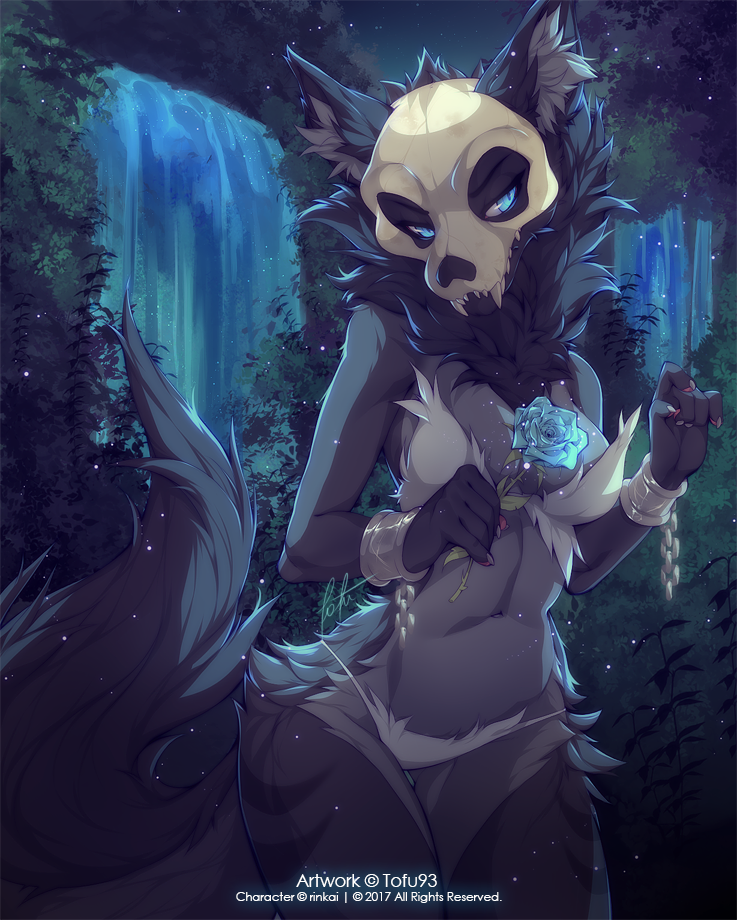 abyssal_wolf anthro black_fur blue_eyes breasts chain claws esther female flower fluffy forest fur invalid_tag mammal mane mask night plant rose shackles skull skull_mask solo stripes tofu93 tree waterfall