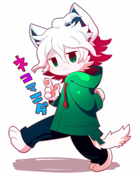 alternate_species anime cat clothed clothing cute danganronpa feline fur green_eyes japanese_text jeans looking_at_viewer male mammal nagito_komaeda pants pawpads paws pointing raised_leg shadow simple_background smile sweater text translation_request video_games walking white_background white_fur