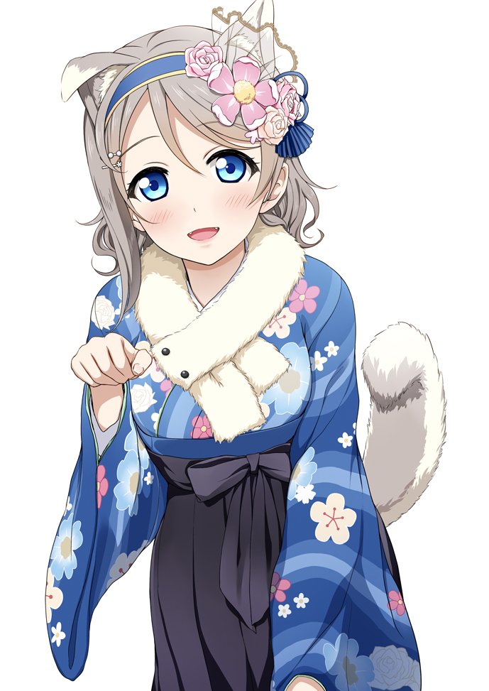 :d animal_ears bangs blue_eyes brown_hair dog_ears duplicate eyebrows_visible_through_hair floral_print flower hair_flower hair_ornament hairband hairclip hairpin japanese_clothes kimono love_live! love_live!_sunshine!! new_year open_mouth short_hair simple_background smile solo suzume_miku tail watanabe_you