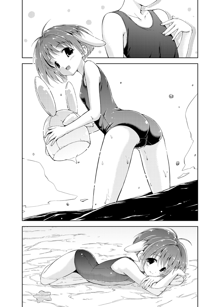 animal_ears antenna_hair comic crossed_arms galaxy_angel greyscale hamao light_smile looking_back lying mint_blancmanche monochrome on_side one-piece_swimsuit open_mouth partially_submerged short_hair smile starfish swimsuit water