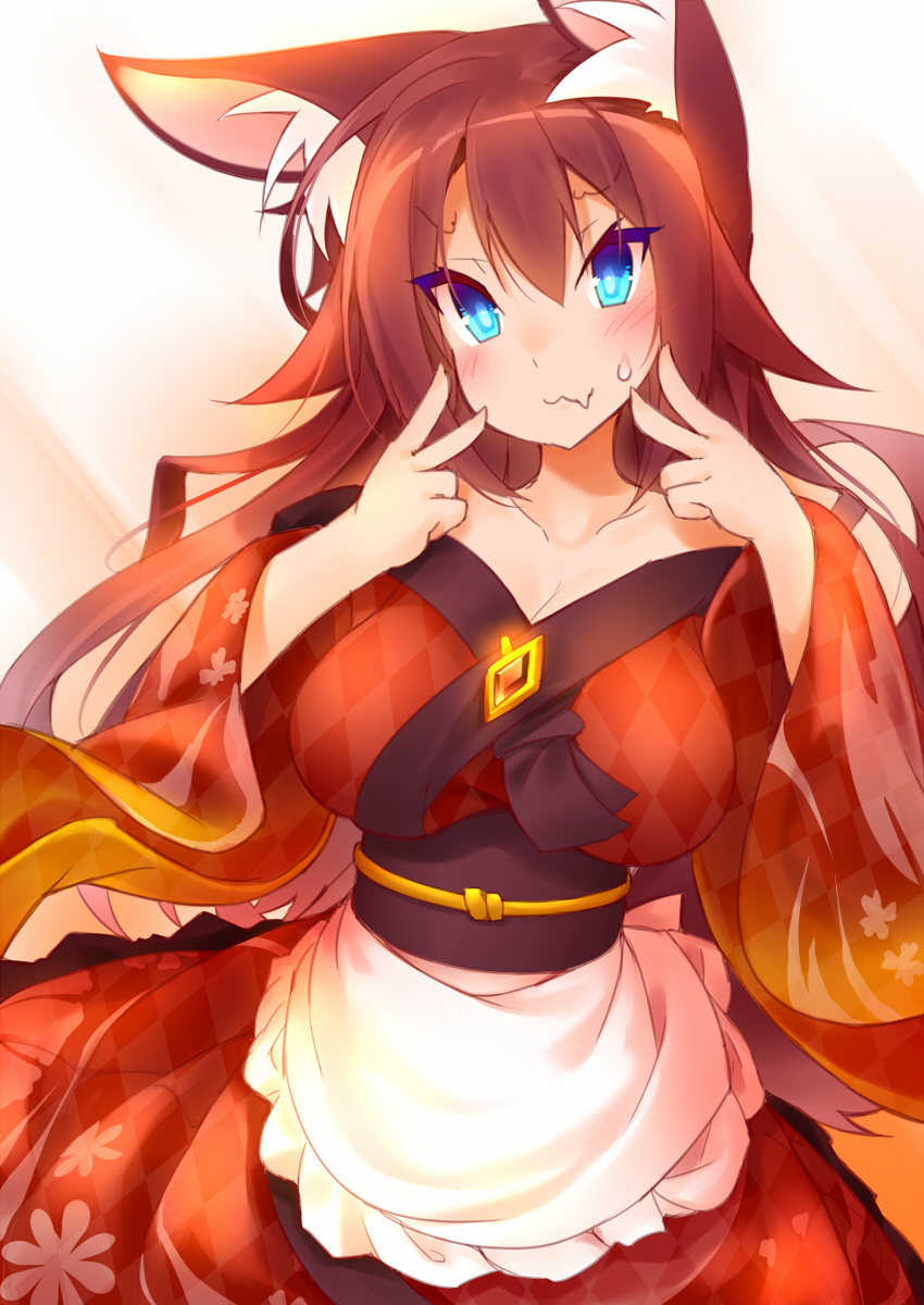 animal_ear_fluff animal_ears apron argyle argyle_kimono bangs blue_eyes blush breasts bright_pupils brooch brown_hair cleavage closed_mouth collarbone colored_eyelashes commentary_request cowboy_shot double_v fang fang_out fox_ears frilled_apron frills gold_trim highres imaizumi_kagerou japanese_clothes jewelry kimono koha large_breasts long_hair long_sleeves looking_at_viewer obi print_kimono sagging_breasts sash skirt smile solo standing sweat sweatdrop tail touhou unaligned_ears unmoving_pattern v very_long_hair waist_apron wavy_mouth white_apron white_sleeves wide_sleeves wolf_ears wolf_tail