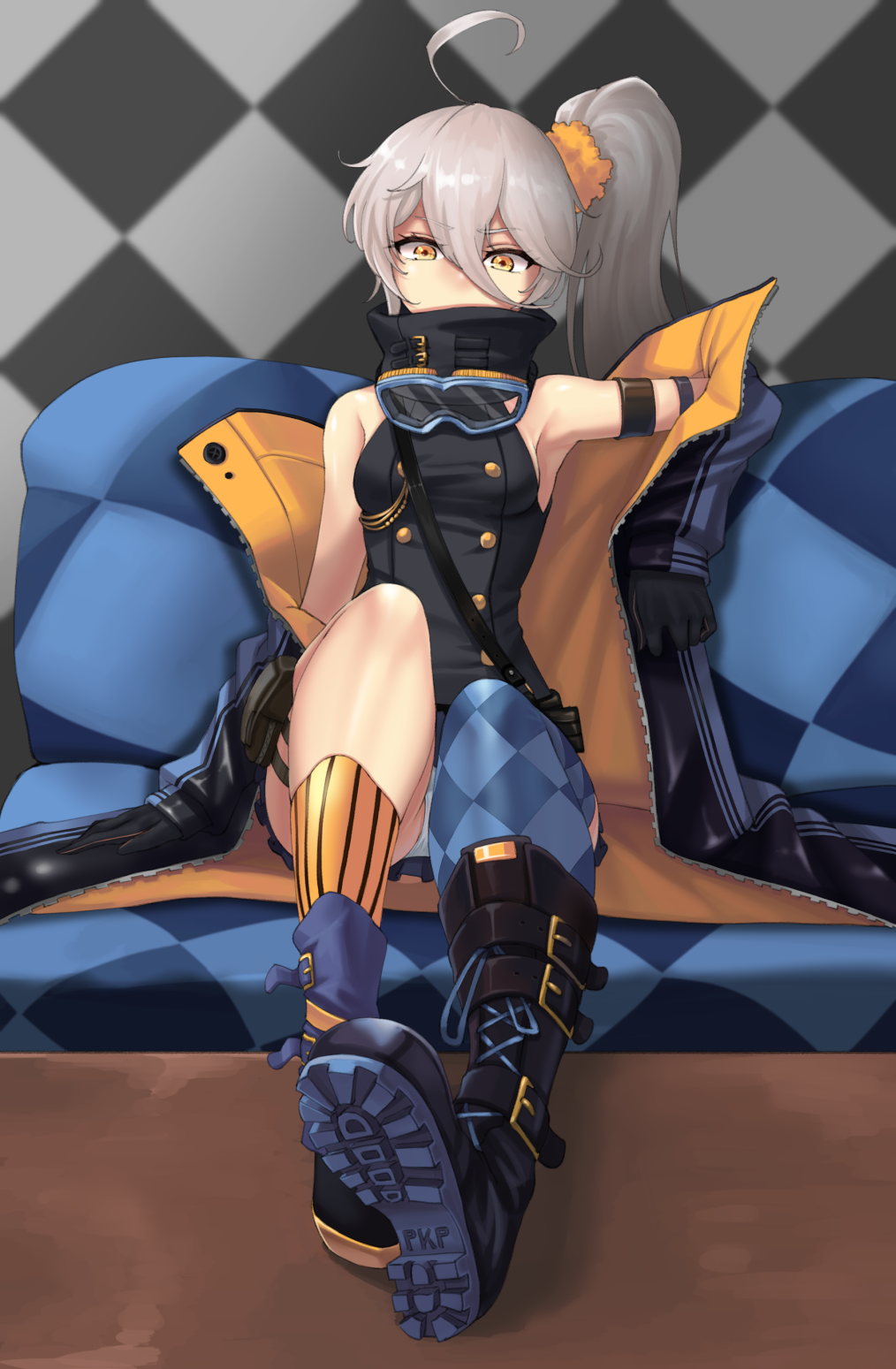 ahoge aiguillette arm_at_side arm_strap arm_support armband armpits ass asymmetrical_legwear bangs bare_shoulders belt_boots black_gloves boots breasts buckle character_name checkered checkered_legwear checkered_wall choker cloel commentary couch covered_mouth cross-laced_footwear double-breasted eyebrows_visible_through_hair eyes_visible_through_hair full_body girls_frontline gloves goggles goggles_around_neck hair_between_eyes half-closed_eyes head_tilt highres jacket knee_boots knee_up lace-up_boots legs_on_table long_hair looking_at_viewer medium_breasts on_couch open_clothes open_jacket orange_scrunchie panties pantyshot pantyshot_(sitting) partially_visible_vulva pkp_(girls_frontline) scrunchie side_ponytail sideboob silver_hair single_thighhigh sitting solo strap striped striped_legwear table thigh_strap thighhighs thighs tsurime underwear very_long_hair white_panties yellow_eyes zipper zipper_pull_tab