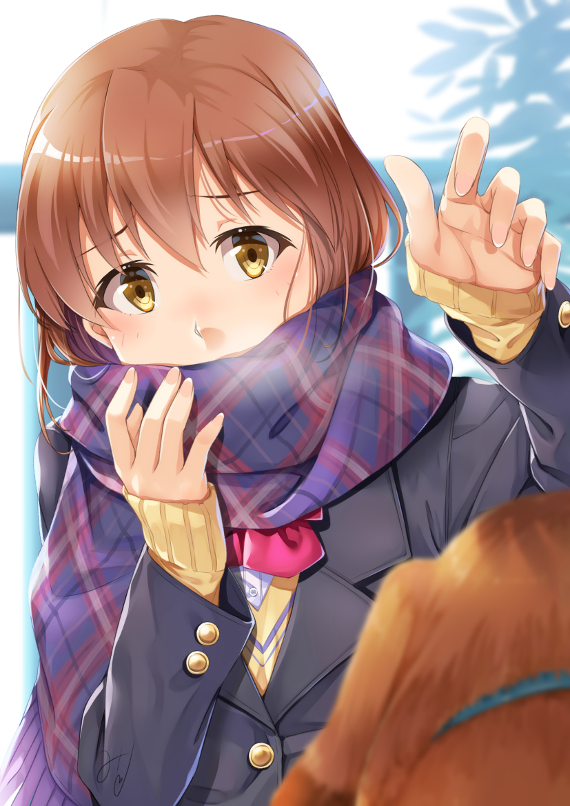 brown_hair collar covered_mouth dog enpera hagiwara_yukiho idolmaster idolmaster_(classic) inumi long_sleeves miri_(ago550421) plaid plaid_scarf reaching_out scarf school_uniform short_hair signature sleeves_past_wrists solo st_bernard yellow_eyes