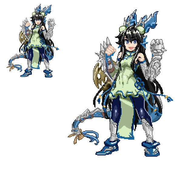:d bangs bare_shoulders black_hair blue_eyes blue_footwear blue_legwear breasts china_dress chinese_clothes clenched_hands covered_navel detached_sleeves dragon_girl dragon_horns dragon_tail dress eyebrows_visible_through_hair fingerless_gloves full_body gauntlets gloves greaves green_dress hair_between_eyes hair_ornament hands_up head_fins horns karin_(p&amp;d) lace long_hair looking_at_viewer open_mouth p_(tidoriashi) pantyhose pixel_art puzzle_&amp;_dragons shiny shiny_hair shoes short_dress sidelocks simple_background small_breasts smile solo spiked_knuckles spikes standing tail tassel very_long_hair weapon white_background