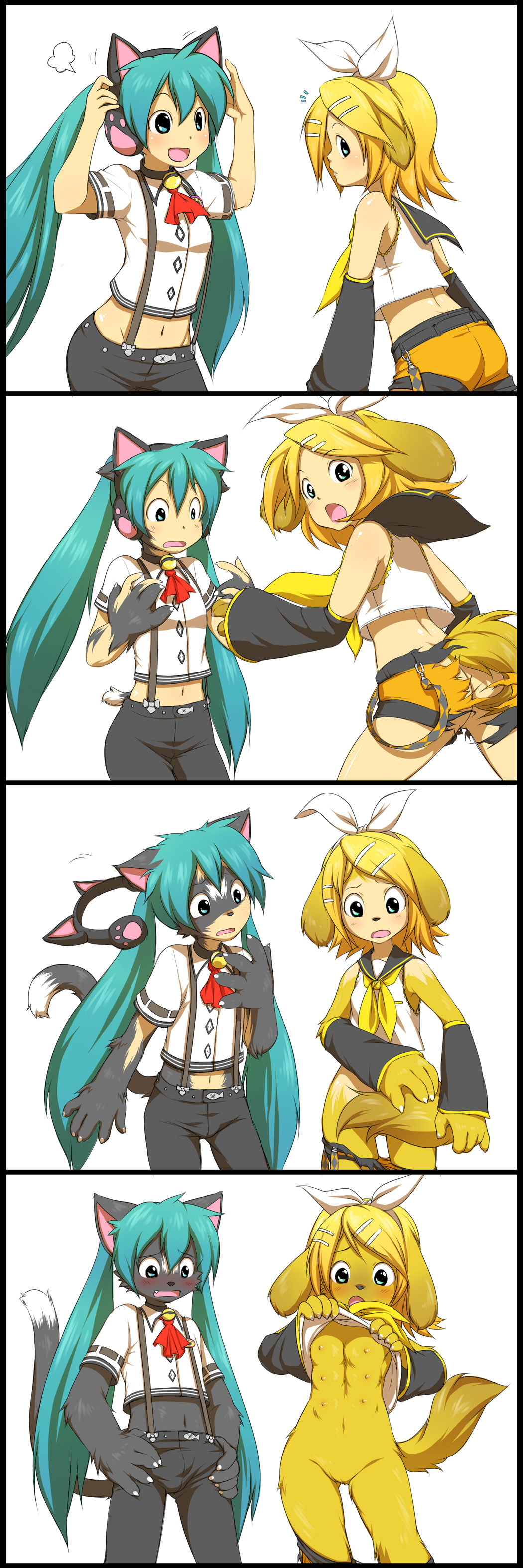 anime armwear bell black_fur black_nose blonde_hair blue_eyes blush breasts bulge butt canine cat claws clothed clothing clothing_lift detached_sleeves dog embarrassed fake_ears feline female fur gender_transformation hair hairclip half-shirt happy hatsune_miku human kagamine_rin long_hair male mammal markings multi_breast multi_nipple navel necktie nipples open_mouth overalls paws pussy ribbons sailor_uniform sequence shocked short_hair shorts small_breasts transformation turned_around turquoise_hair vocaloid white_fur