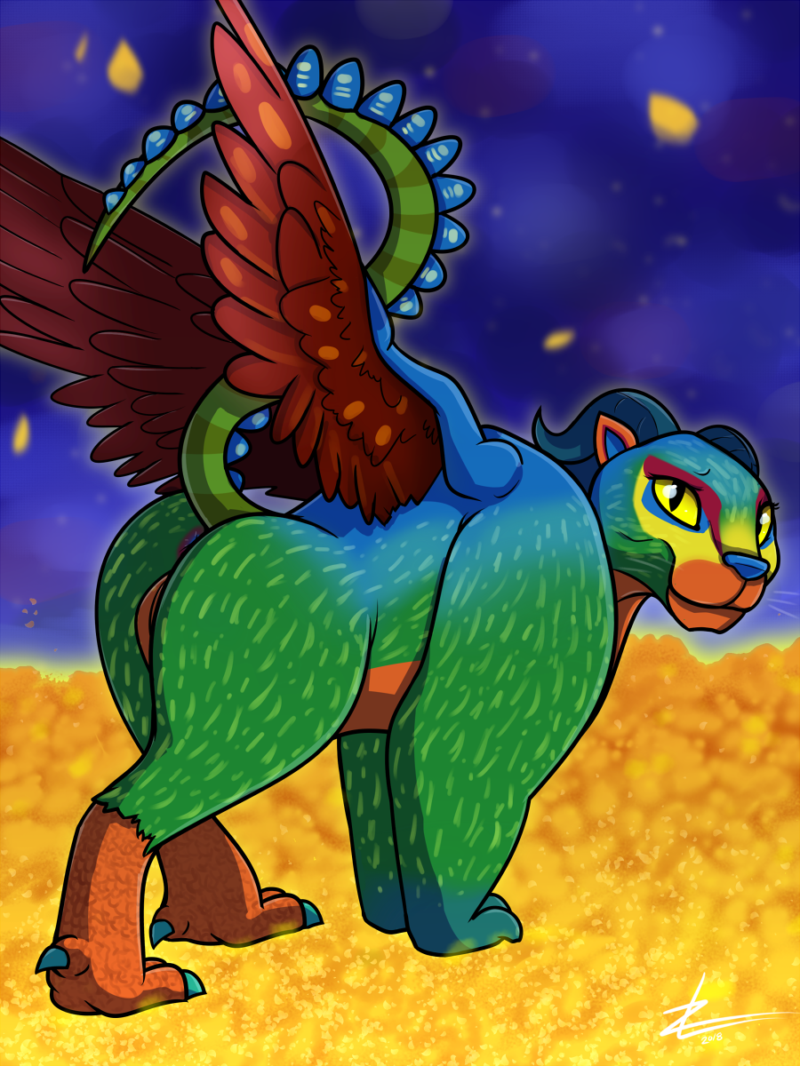 2018 alebrije anus butt coco_(pixar) digital_media_(artwork) disney feline female flower fur horn looking_at_viewer mammal muscular muscular_female pepita plant presenting pussy solo wings zekromlover