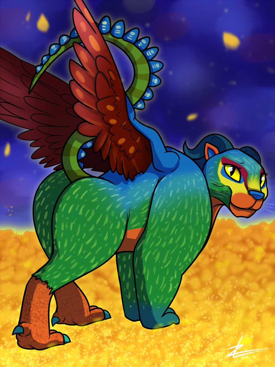 2018 alebrije butt coco_(pixar) digital_media_(artwork) disney feline female flower fur horn looking_at_viewer mammal muscular muscular_female pepita plant presenting solo wings zekromlover