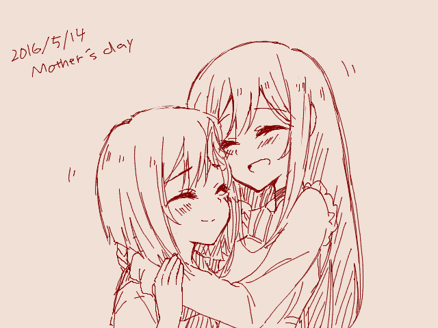 :d ^_^ blush closed_eyes commentary dated flip_flappers happy kokomine_cocona long_hair mimi_(flip_flappers) monochrome mother's_day mother_and_daughter multiple_girls open_mouth short_hair sketch smile sou_(mgn) tegaki_draw_and_tweet