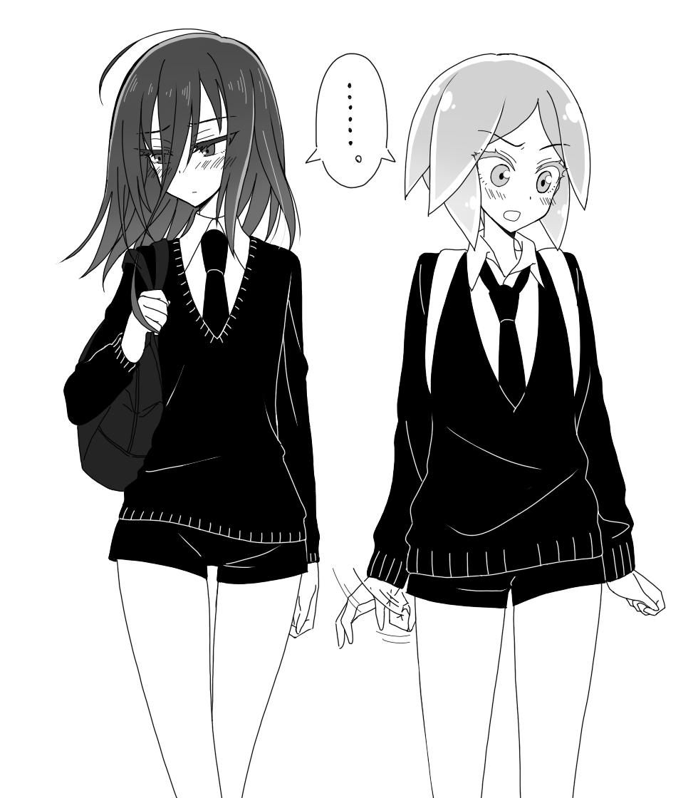 2others afterimage backpack bag blush commentary_request contemporary dress_shirt greyscale houseki_no_kuni looking_away loose_necktie medium_hair monochrome multiple_others necktie phosphophyllite shared_speech_bubble shinsha_(houseki_no_kuni) shirt short_hair short_shorts shorts shoulder_bag simple_background sou_(mgn) speech_bubble spoken_ellipsis sweater white_background