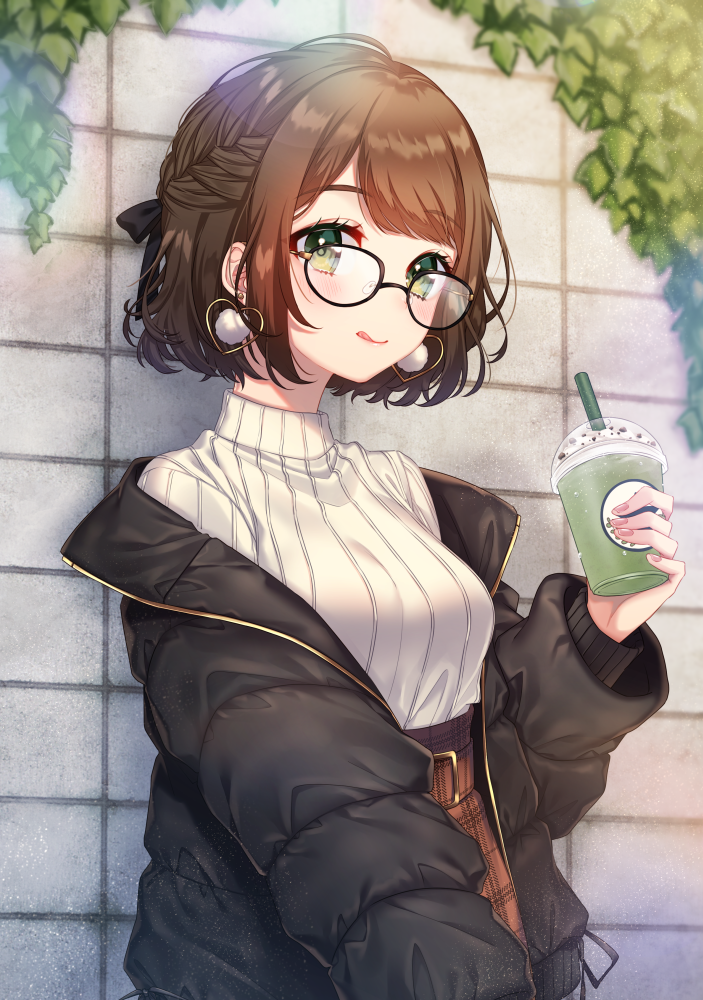 1girl :q against_wall bangs belt black-framed_eyewear black_coat black_ribbon blush braid breasts brown_hair brown_skirt commentary_request cup down_jacket earrings french_braid glasses green_eyes hair_ribbon heart heart_earrings high-waist_skirt holding holding_cup jewelry licking_lips long_sleeves looking_at_viewer medium_breasts moyui_(myi_005) nail_polish original pink_nails plaid plaid_skirt plant pom_pom_earrings ribbed_sweater ribbon short_hair skirt solo stone_wall sweater tongue tongue_out upper_body vines wall white_sweater winter_clothes