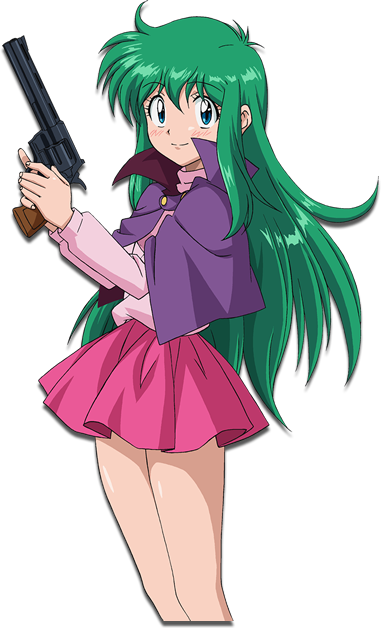 80s ayanokouji_rem blue_eyes dream_hunter_rem eyebrows_visible_through_hair green_hair gun handgun holding holding_gun holding_weapon long_hair official_art oldschool petticoat purple_capelet revolver skirt smile solo transparent_background two-handed weapon