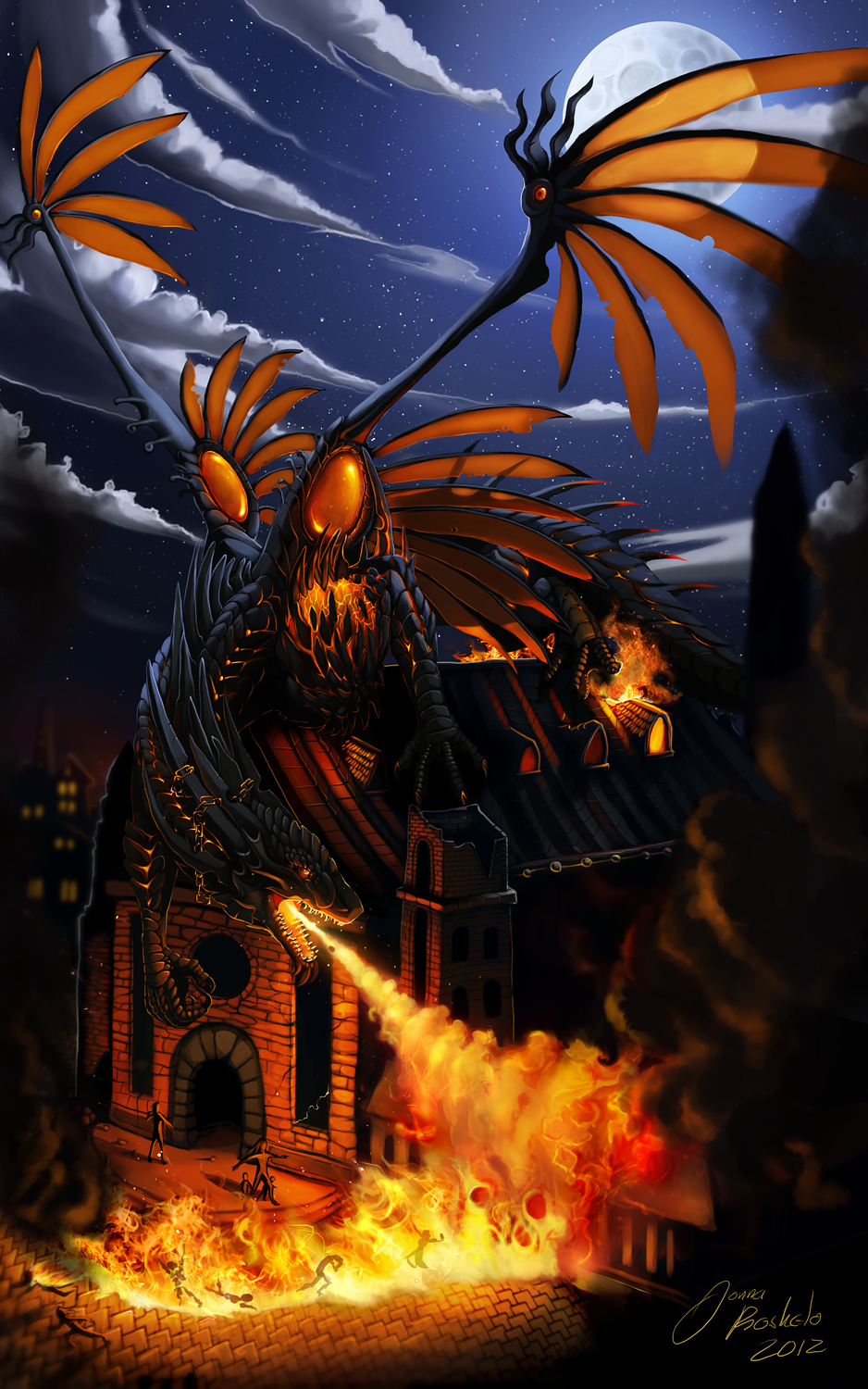 2012 attack black_scales chaos detailed_background digital_drawing_(artwork) digital_media_(artwork) dragon feral fire group grypwolf human mammal moon night open_mouth outside panic scales sky spines star starry_sky teeth