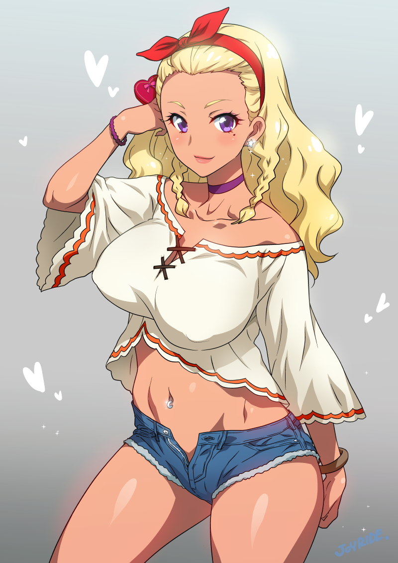 1girl amamiya_erena artist_name bare_shoulders blonde_hair blue_shorts blush bracelet braid breasts choker closed_mouth collarbone commentary_request dark_skin denim denim_shorts earrings gift grey_background hairband heart jewelry joy_ride large_breasts lips looking_at_viewer midriff mole mole_under_eye navel navel_piercing piercing precure purple_choker purple_eyes red_hairband short_hair shorts smile solo standing star star_earrings star_twinkle_precure twin_braids unbuttoned valentine